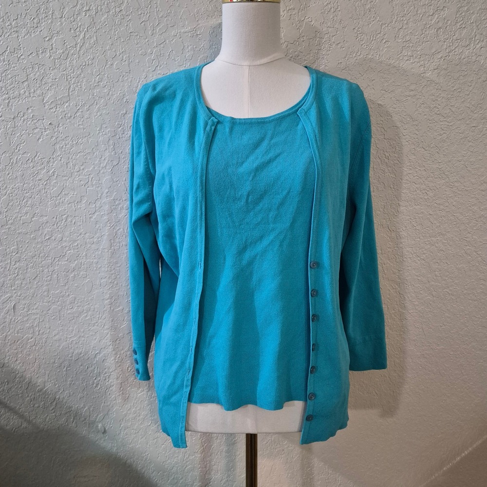 Talbots Vintage Twinset Womens Large Turquoise Cardigan Shell 2 Piece Sweater